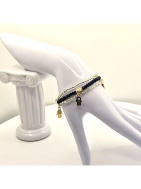Beaded Evil Eye Hamsa Charm Bracelet Set - Gold Navy And Clear Accents - Stretch